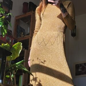 Vintage Maglia Di Lusso Gold Maxi Long Sleeve Dress British Crown Colony 60s - M